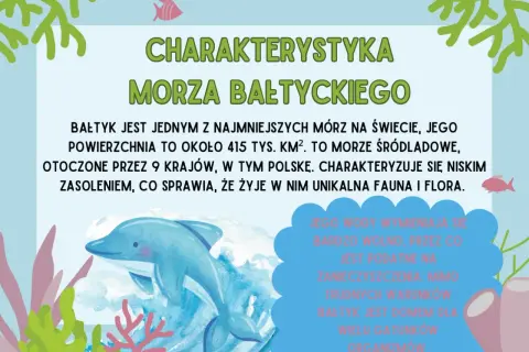 Ilustracja na światowy dzień morza: delfin pływa w Bałtyku, morzu z unikalną fauną i florą, otoczonym przez 9 krajów.
