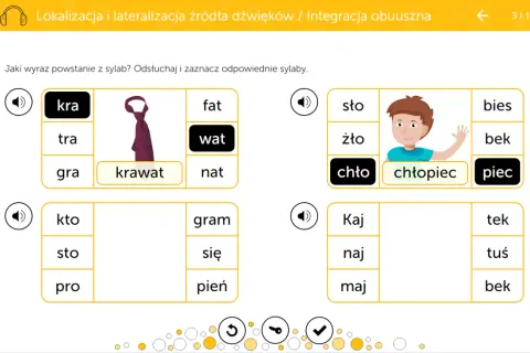 Ćwiczenia do druku: percepcja słuchowa. Dopasuj sylaby do obrazków i słów, np. "krawat" i "chłopiec".