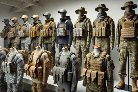 Maniquíes exhiben diversos tipos de camuflaje militar, desde patrones digitales hasta diseños de bosque, con chalecos tácticos y equipo.