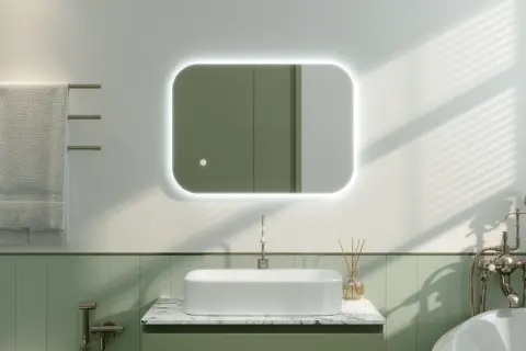 Salle de bain moderne avec miroir lumineux. Instructions pour comment décoller un miroir adhésif.