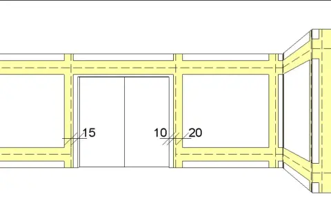 Schematische Darstellung, wie verlaufen stromleitungen in der wand. Gelbe Linien zeigen die Leitungswege, weiße Flächen sind Wände.