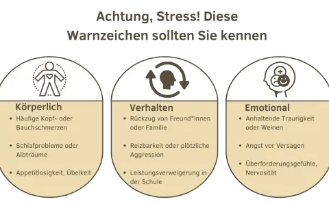 Warnzeichen für Stress: Körperliche Beschwerden, Verhaltensänderungen wie Leistungsverweigerung in der Schule, und emotionale Probleme wie Versagensangst.