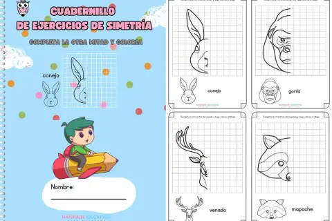 Cuadernillo de ejercicios de simetría con dibujos de animales para completar y colorear: conejo, gorila, venado y mapache.