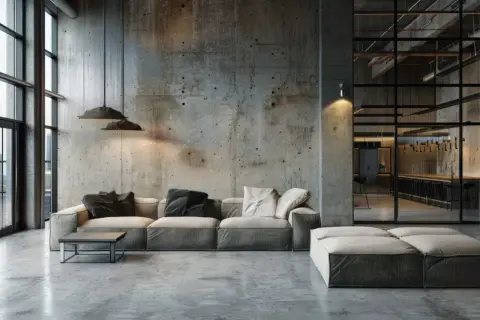 Nowoczesny, **soft loft** z betonowymi ścianami, dużymi oknami i wygodną sofą. W tle widać kuchnię z barem.