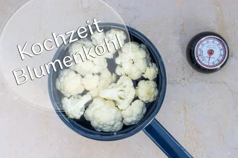 Blumenkohl in einem Topf, daneben ein Timer. Die Frage: wie lange blumenkohl kochen?