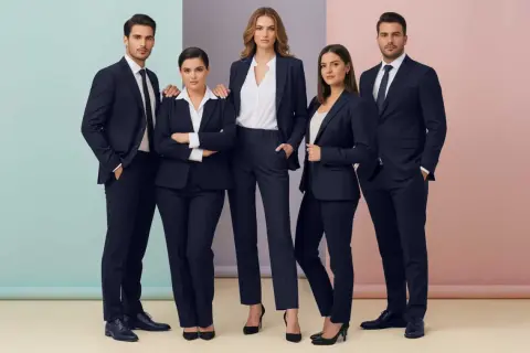 Cinque professionisti in abiti blu scuro dal taglio slim, pronti per il successo.