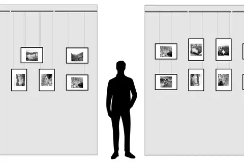 Ilustración muestra cómo colgar un cuadro en una galería, con varias opciones de disposición y un hombre silueta para escala.