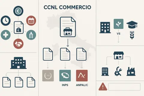 Schema sul CCNL Commercio: contratti, orari, ferie, permessi, e accordi per le pause di lavoro.