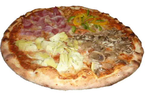 Pizza capricciosa z szynką, karczochami, pieczarkami i papryką.