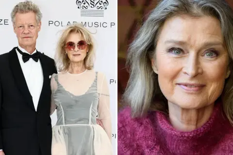 Lena Endre med sin make. Hon bär solglasögon och en ljus klänning. Till höger en närbild på Lena Endre.