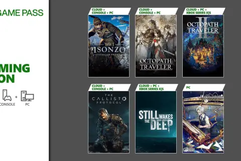 Okładki gier Game Pass: WWI Isonzo, Octopath Traveler, The Callisto Protocol, Still Wakes the Deep, Octopath Traveler II, Depersonalization.