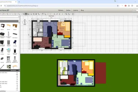 Program do projektowania domu Sweet Home 3D pokazuje rzut piętra z meblami i widok 3D.