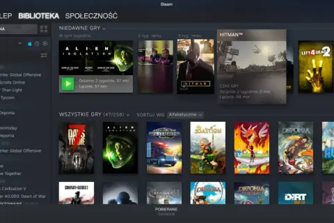 Biblioteka Steam z grami na Mac. Widoczne tytuły: Alien Isolation, Hitman, Left 4 Dead 2, Days to Die, American Truck Simulator, Bastion, Cities: Skylines.