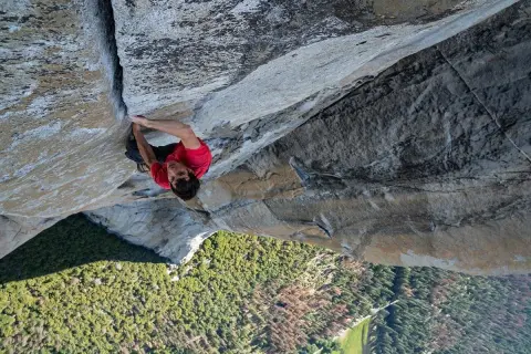 Alex Honnold klettert free solo die steile Felswand hinauf. Unter ihm erstreckt sich ein grünes Tal mit Bäumen.