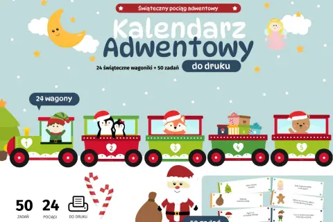 Świąteczny pociąg adwentowy z 24 wagonikami i 50 zadaniami. Wesołe zwierzątka i elfy podróżują w kolorowych wagonach.