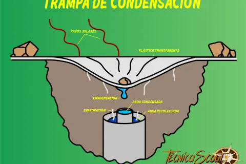Diagrama de una trampa de condensación para potabilizar agua. Rayos solares calientan la tierra, el agua se evapora, condensa en el plástico y gotea.
