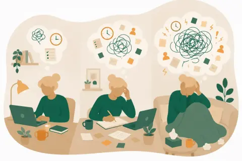Illustration visar en kvinna som kämpar med tankar och uppgifter, vilket speglar utmaningarna med medelsvår adhd.