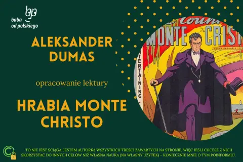 Ilustracja z Hrabia Monte Christo w fioletowym płaszczu, trzymający laskę i kapelusz.
