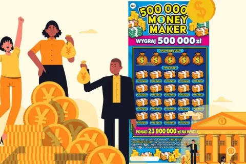 Ludzie cieszą się z wygranej, a zdrapka "Money Maker" obiecuje, że można wygrać 500 000 zł.