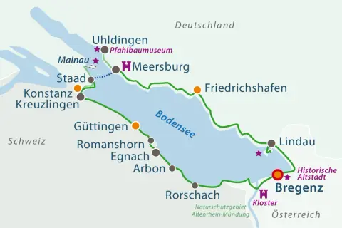 Karte des Bodensees mit Radwegen. Entdecken Sie Fahrradtouren Deutschland, Schweiz und Österreich. Orte wie Konstanz, Bregenz, Lindau.