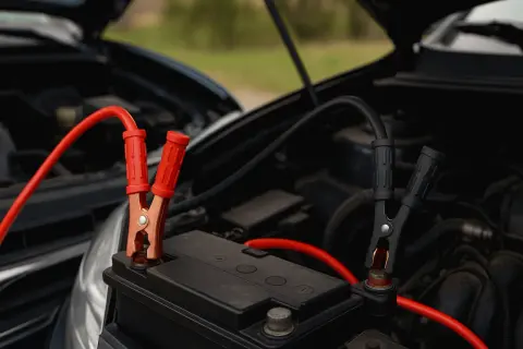 Starta bilen med startkablar. Röd klämma på bilbatteri plus, svart på minus.