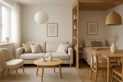 Przytulny dom skandynawski projekt: jasna sofa, drewniane meble, łóżko wnękowe i minimalistyczne dekoracje tworzą spokojną atmosferę.