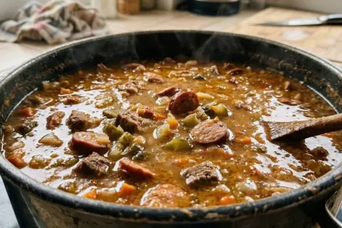 Gęsta zupa z kiełbasą i mięsem, parująca w garnku. Idealna porcja to około 300-400 ml zupy na osobę.