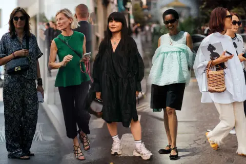 Cinque donne sfoggiano look eleganti, alcuni ideali come outfit per nascondere la pancia, con abiti ampi e pantaloni fluidi.