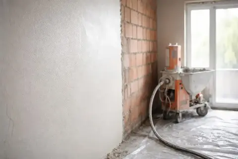 Obrzutka cementowa na ścianie z cegły, przygotowana przez maszynę tynkarską.