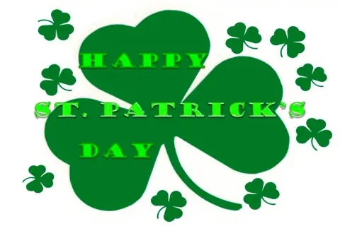 Tréboles verdes rodean el texto "Feliz Día de San Patricio".