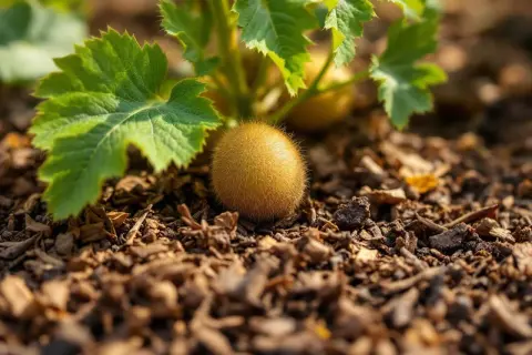 Un jeune kiwi velu, prêt à pousser, au milieu de la terre et des feuilles vertes. L'art de planter des kiwis commence ici.