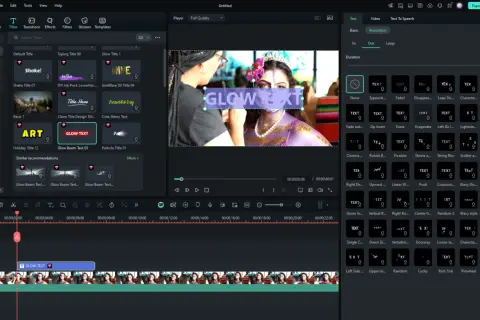 Wybieranie animacji "Glow Text" w Filmora, aby dodać efektowny tekst do filmu.