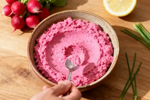 Un bol de tarama maison rose vif, garni de radis, d'une tranche de citron et de ciboule.