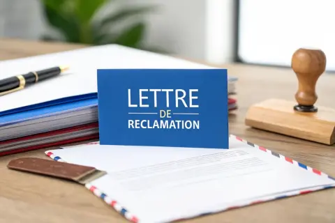 Une lettre de réclamation est prête à être envoyée, un exemple de plainte contre son bailleur, avec un stylo, des dossiers et un tampon sur un bureau en bois.