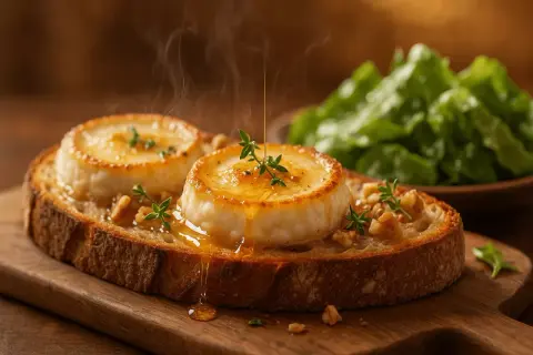 Tranche de pain grillé garnie de deux ronds de **chèvre chaud** fondants, arrosés de miel doré et parsemés de noix et de thym. Vapeur s'échappant.