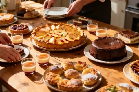 Table garnie de divers desserts : tartes aux fruits, gâteaux au chocolat, verrines et petites bouchées.