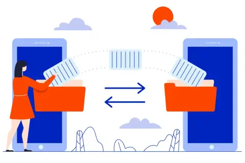 Ilustracja pokazuje, jak przenieść dane z telefonu na telefon. Kobieta wkłada dokumenty do folderu na jednym telefonie, a strzałki symbolizują transfer danych do drugiego telefonu.