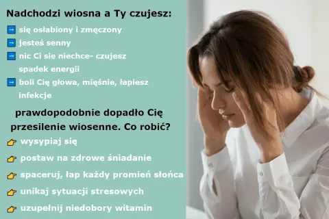 Kobieta z rękami na skroniach, odczuwająca ból głowy i zmęczenie.