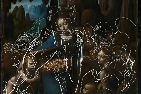 Esquisse blanche sur la Vierge, l'Enfant Jésus et saint Jean-Baptiste, une œuvre de Léonard de Vinci.