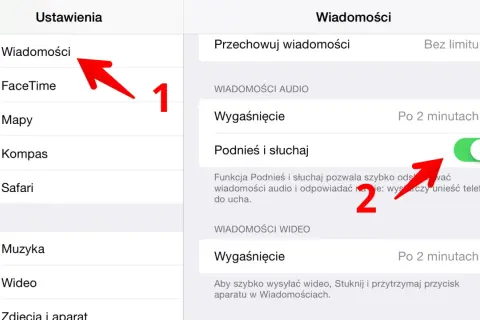 Ustawienia Wiadomości: włącz funkcję "Podnieś i słuchaj", aby szybko odsłuchać pocztę głosową.