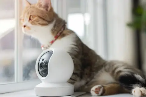 Un chat tigré, curieux, observe par la fenêtre, à côté d'une caméra de surveillance. Pourrait-il déclencher une alarme ?