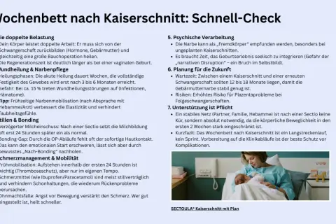 Nach einem Kaiserschnitt dauert die Heilung Wochen, volle Festigkeit nach 3-6 Monaten. Schmerzen können variieren, Schmerzmittel helfen.