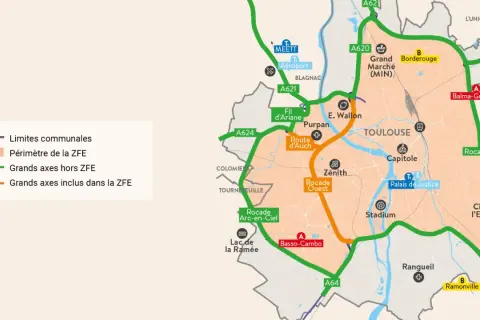 Carte de Toulouse montrant le périmètre de la ZFE et les grands axes routiers. La vignette Crit'Air est nécessaire pour circuler dans cette zone.