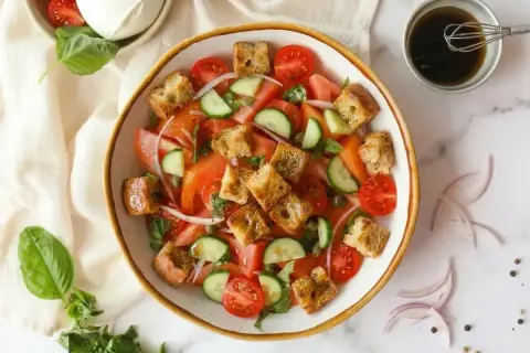 Ein frischer Brotsalat mit Tomaten, Gurken und Croutons. Ein tolles Rezept für einen leichten Sommergenuss.