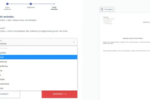 Formularz wyboru rodzaju urlopu, zaznaczony "Urlop rodzicielski".