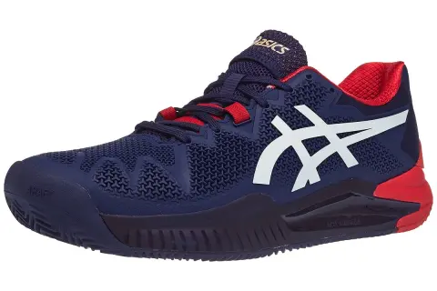 Scarpa da tennis blu e rossa Asics Gel Resolution 8 Clay, ideale per la terra battuta.