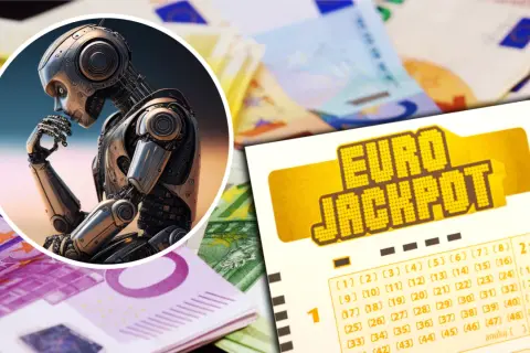 Robot myślący nad kuponem Eurojackpot i banknotami euro.