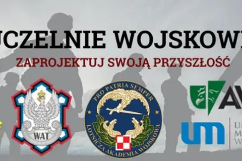 Grafika z sylwetkami żołnierzy i logotypami uczelni wojskowych: AMW, WAT, Lotnicza Akademia Wojskowa, AWL, UM w Łodzi.