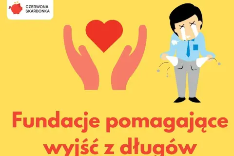 Rządowa pomoc dla zadłużonych: fundacje wspierają osoby w kryzysie finansowym. Dwie dłonie trzymają serce, obok płaczący mężczyzna z pustymi kieszeniami.