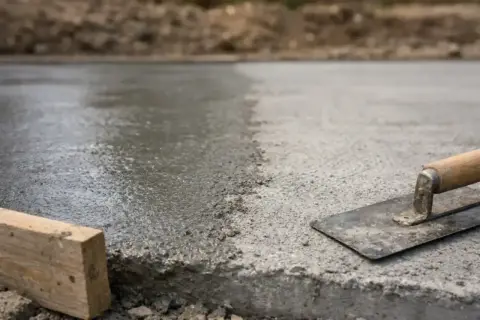 Świeżo wylany, mokry beton czeka na wykończenie. Narzędzia budowlane, jak kielnia i drewniany kloc, sugerują szybki beton i początek prac.